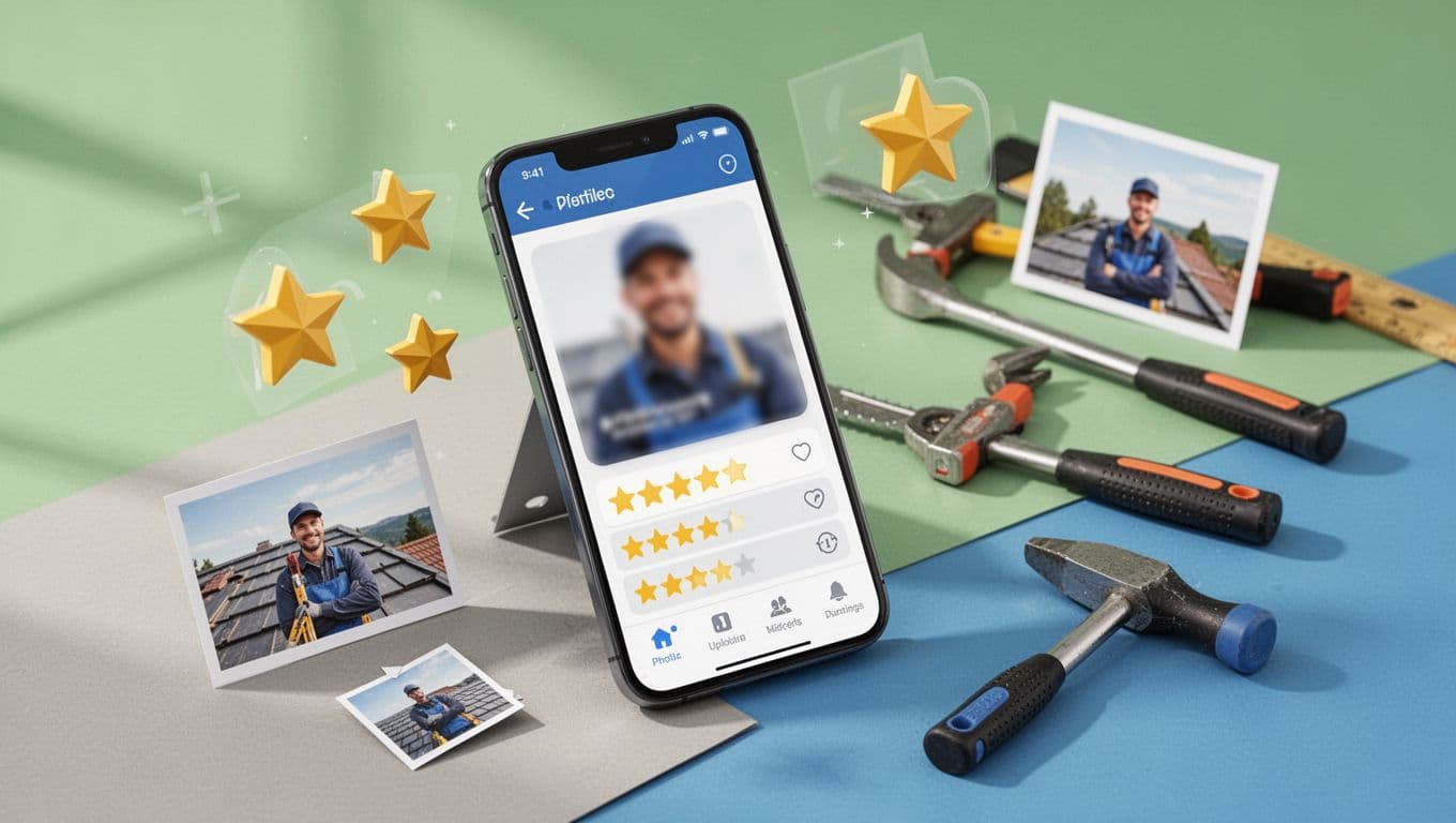 A roofer technician optimizes their online profile on a propped phone screen featuring blurred generic interface with star ratings icons and photo uploads. Isometric elements like stars and frames, tools in the background, bright natural lighting, neutral background with green blue accents, clean modern style.