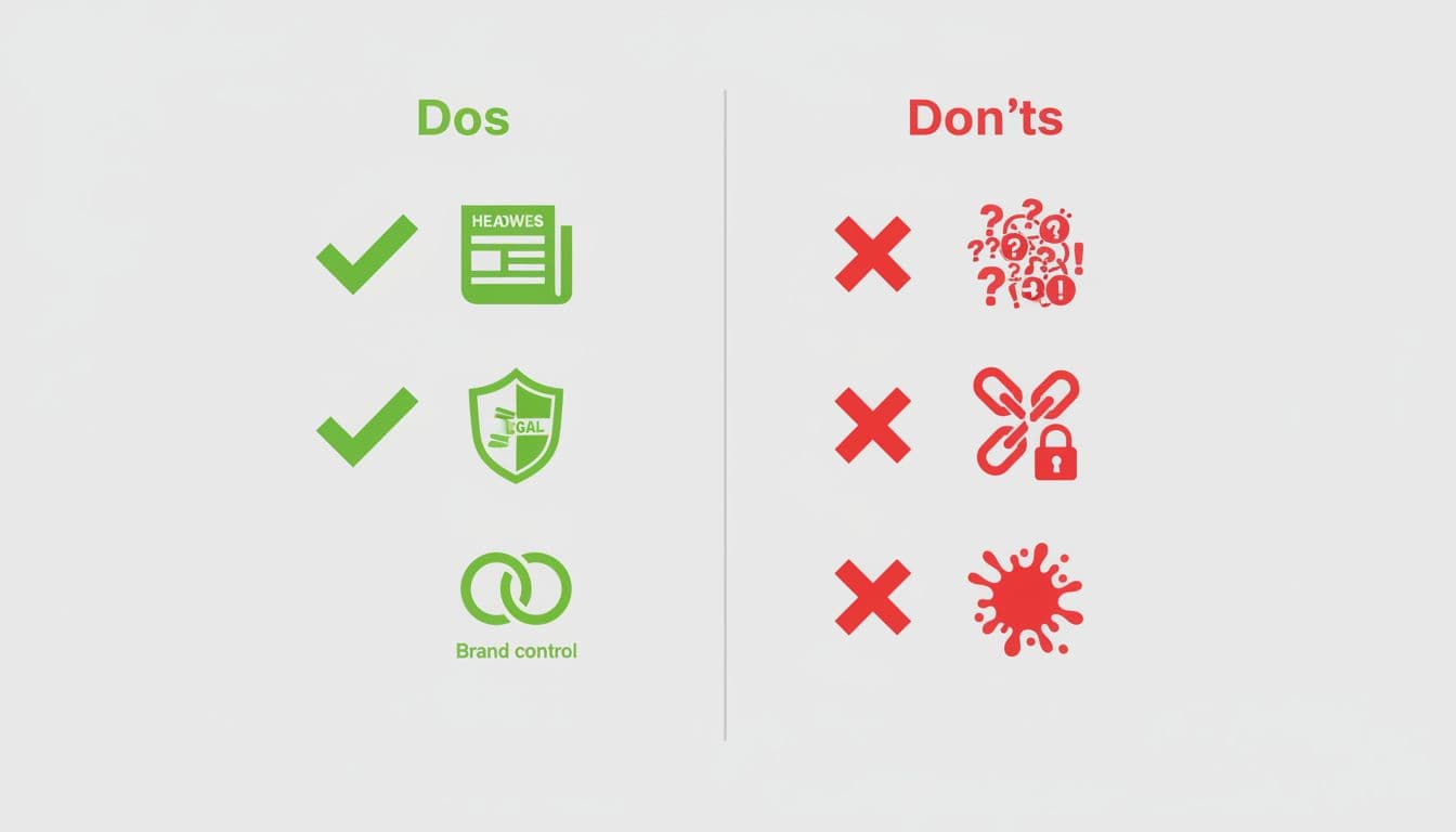 Checkmarks and X marks beside simple icons for headlines, compliance, and brand control on neutral background.