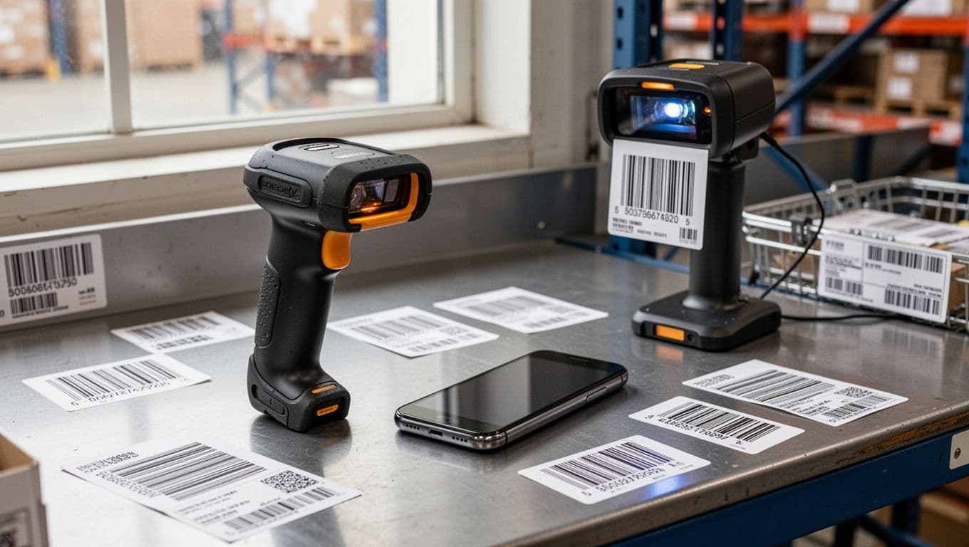 Photorealistic closeup of a rugged handheld barcode scanner and mobile phone on a warehouse workbench next to a fixed mount scanner at a packing station, with various barcode label samples in a clean, organized setup illuminated by natural daylight.