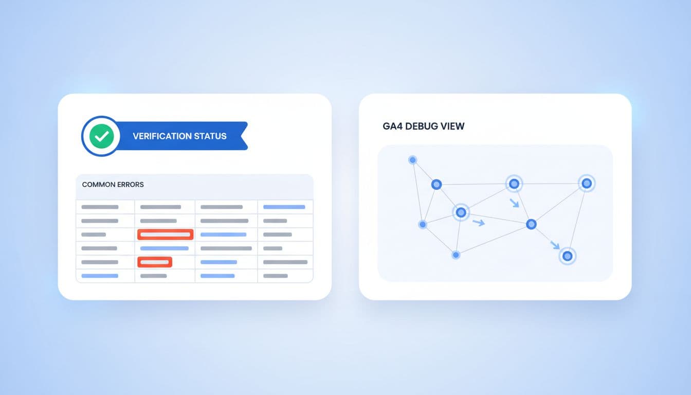 Clean SaaS-style testing dashboard featuring green verification check, test leads table, highlighted common errors, and GA4 debug view in simple blue-white UI with no text or people.
