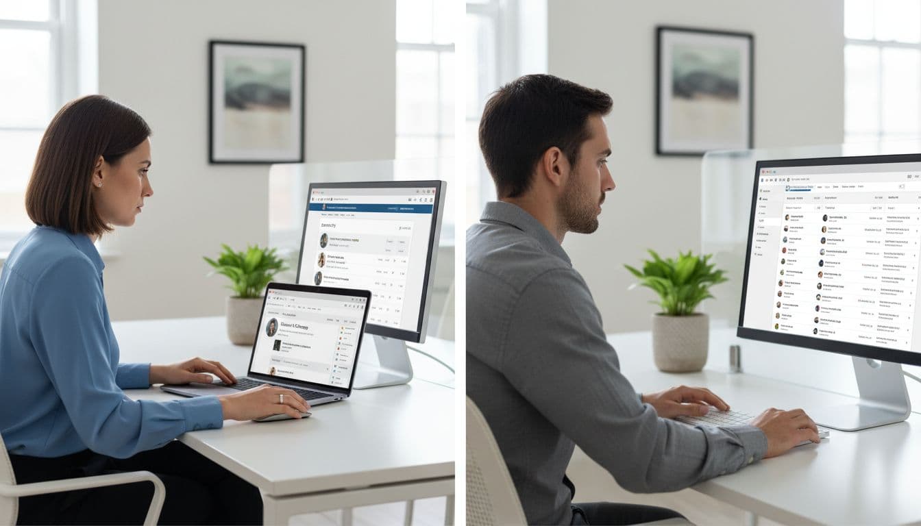 A sales professional at a modern office desk reviews LinkedIn profiles on a laptop using Sales Navigator, next to a colleague using Apollo.io contact database on a desktop, in a split side-by-side composition with natural lighting and professional realistic style.