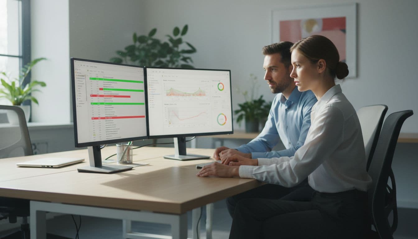 In a modern office bathed in natural daylight, a sales manager and QA specialist collaborate intently, reviewing call recording transcripts displayed on dual monitors with hands resting on the desk and a laptop nearby.