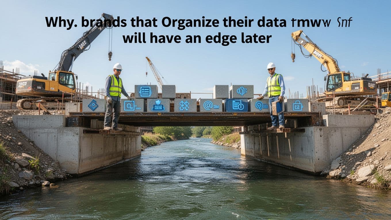 Workers construct a sturdy bridge over a data river using schema markup beams and organized data blocks, with modern equipment in the background under bright daylight, emphasizing digital infrastructure stability.