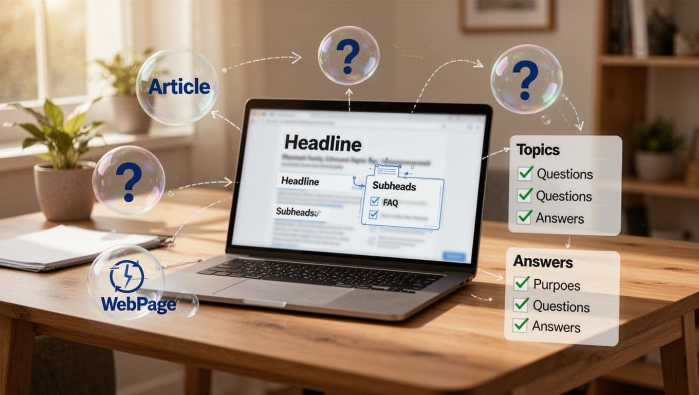 Cozy home office desk with an open laptop angled to show subtle webpage structure elements like headlines, subheads, FAQ icons, topic bubbles, question marks, and answer checklists, captured in realistic photo style with warm natural light.