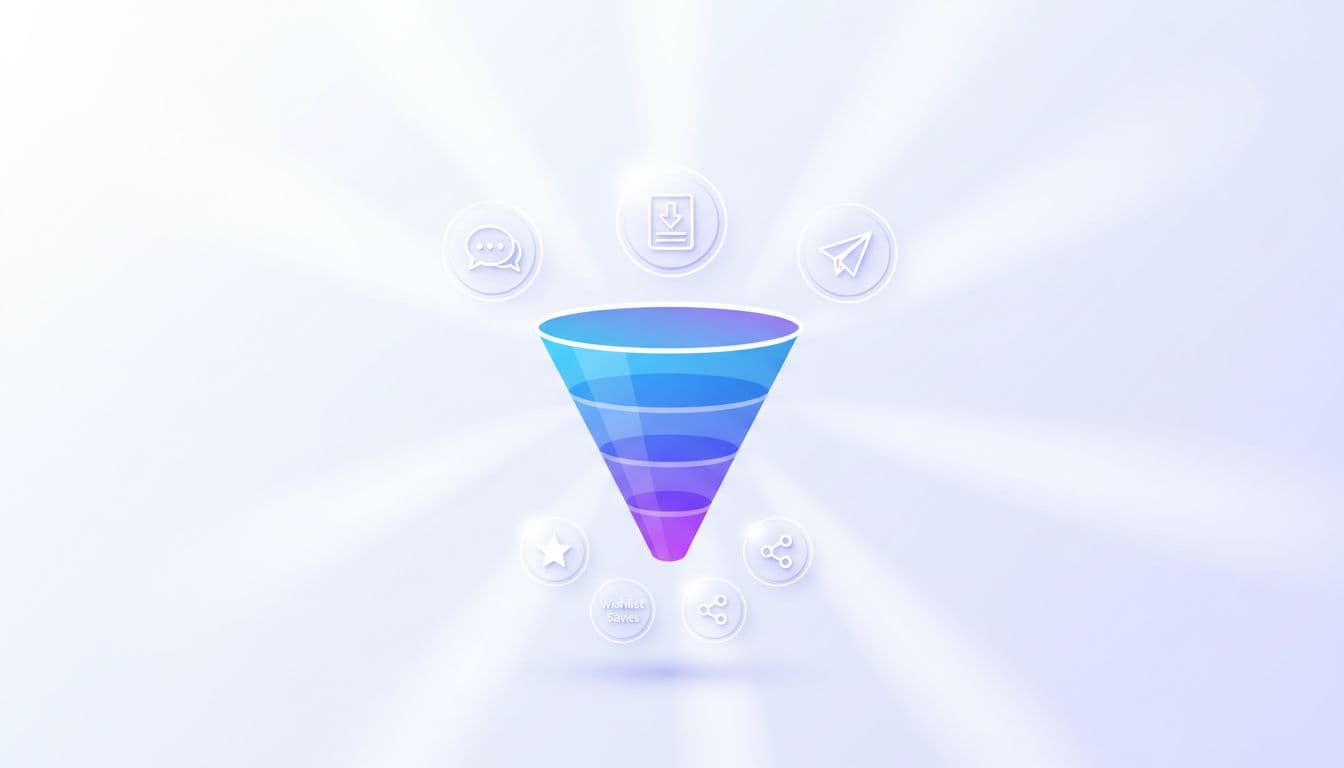 Icons of form submissions, chat bubbles, and brochure downloads surround a central lead funnel on white background.