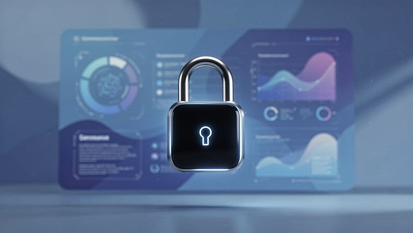 Digital lock icon in foreground with blurred Google Ads elements in background, blue flat design.