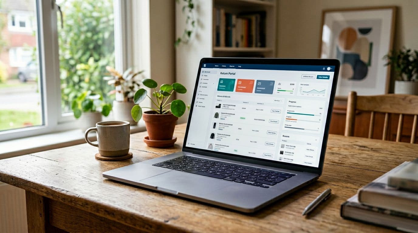 Photorealistic depiction of a self-service return portal software interface on a single laptop screen in a bright home office on a wooden desk, viewed from a three-quarter angle with natural daylight and clean modern composition.