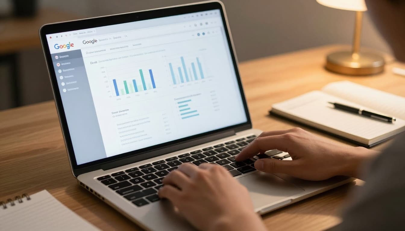 A professional analyzes the Google Search Console dashboard on a laptop in a contemporary office, with faint charts and graphs, notepad with notes, and warm desk lamp lighting.