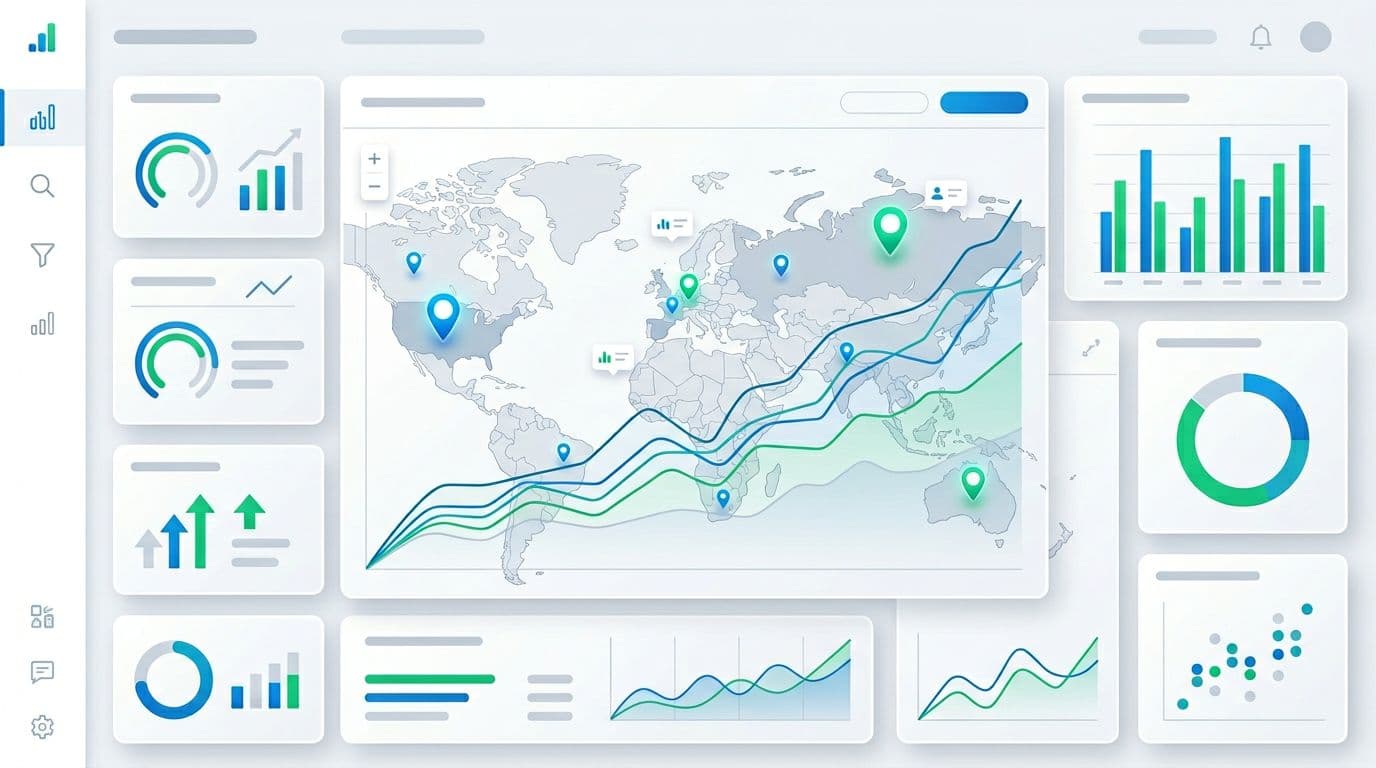 Clean modern illustration of an analytics dashboard featuring line charts, bar graphs, KPIs, performance metrics, and a map overlay with active pins for SEO marketing. Professional visualization with subtle UI elements in a bright palette of white, light gray, blue, and green accents.