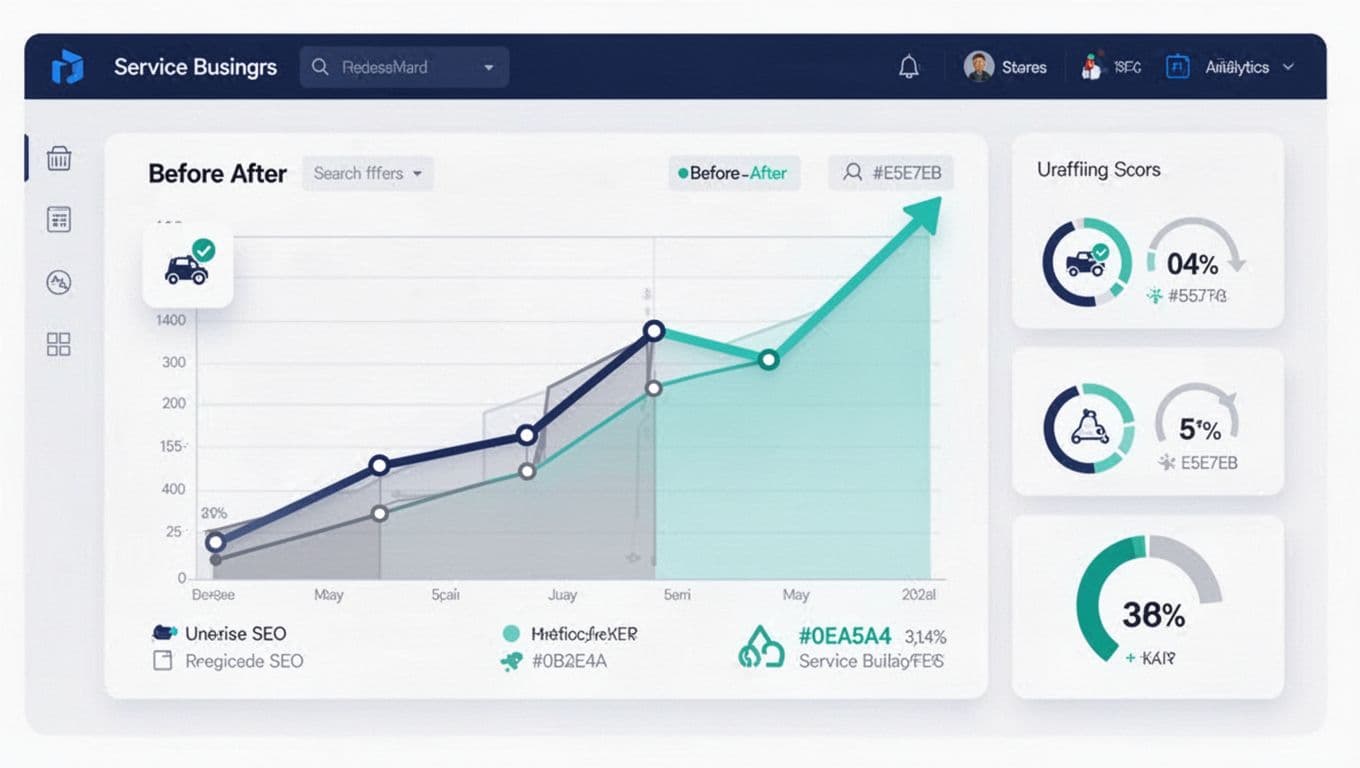 High-contrast analytics dashboard in subtle isometric flat hybrid style for service business SEO, featuring before-after traffic graph with upward trend and KPI metrics icons, using deep blue, teal, and warm gray palette with ample white space and soft shadows.