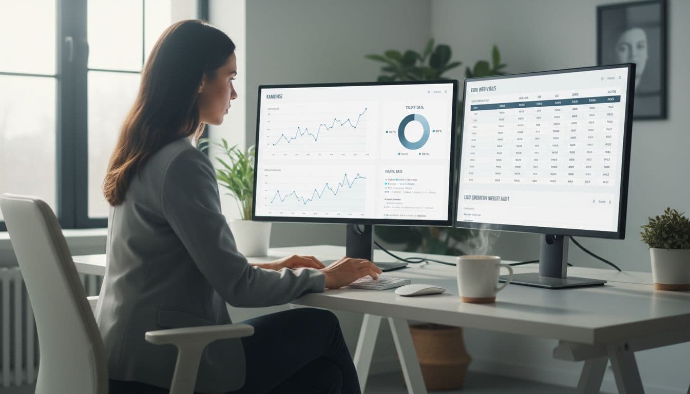 A professional marketer at a modern office desk reviews SEO audit reports on dual monitors for a lead generation website, with charts displaying rankings and traffic data, coffee mug nearby, natural daylight lighting.