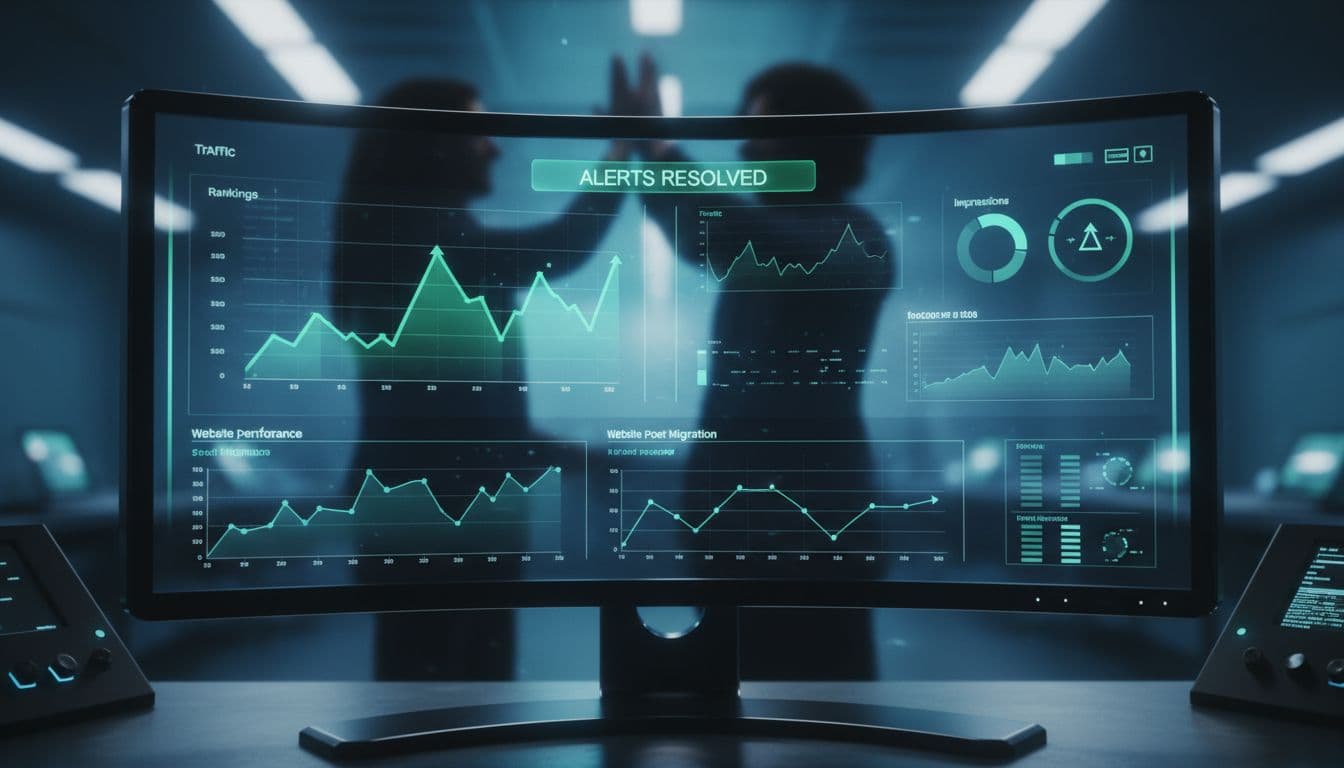 Large monitor displaying SEO dashboard with GSC traffic rankings and impressions post-migration, featuring green upward arrows, resolved alerts, and blurred team high-fiving in modern control room.