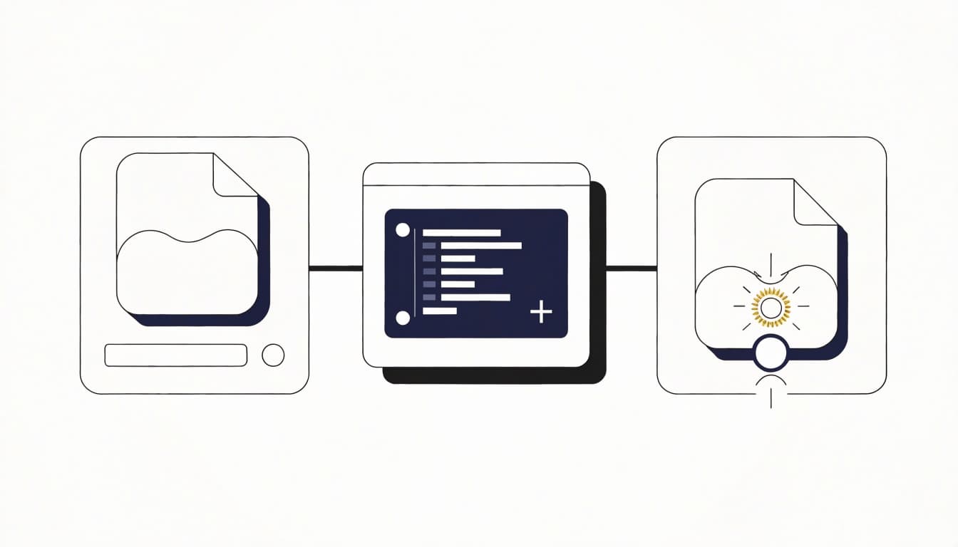 An illustration showing a three-stage SEO workflow with a document card, a code panel, and a checked document.