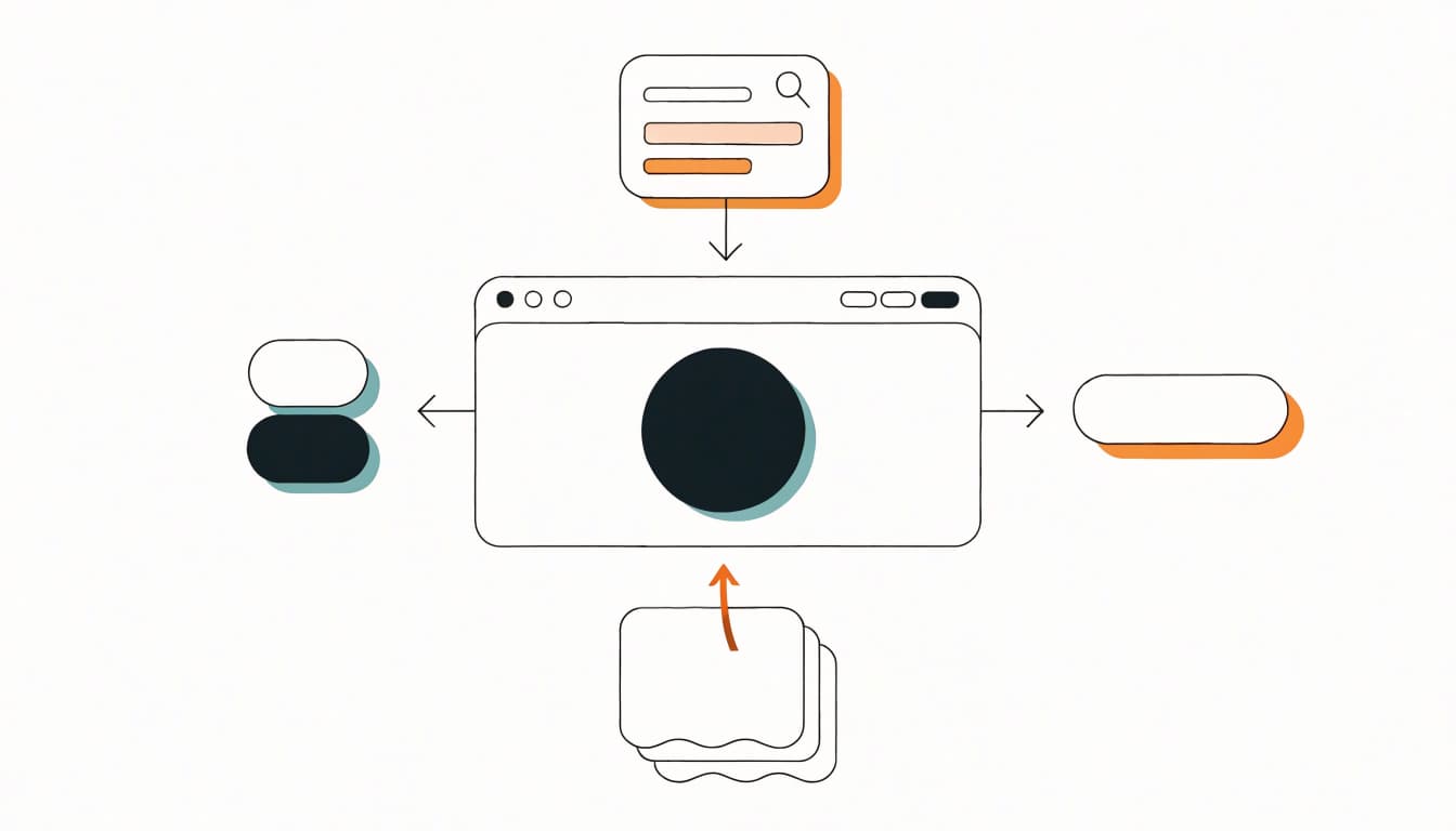 A clean 2D editorial diagram featuring a central browser panel connected to four search signals.