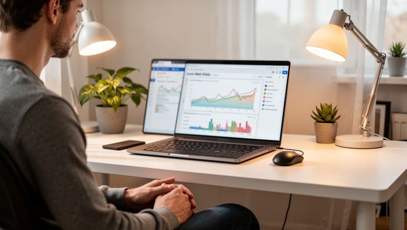 Photo-realistic image of an SEO specialist seated at a clean desk in a home office, checking Core Web Vitals and site speed on a laptop with blurred performance graphs, surrounded by mouse, keyboard, plant, warm lamp, and natural light.