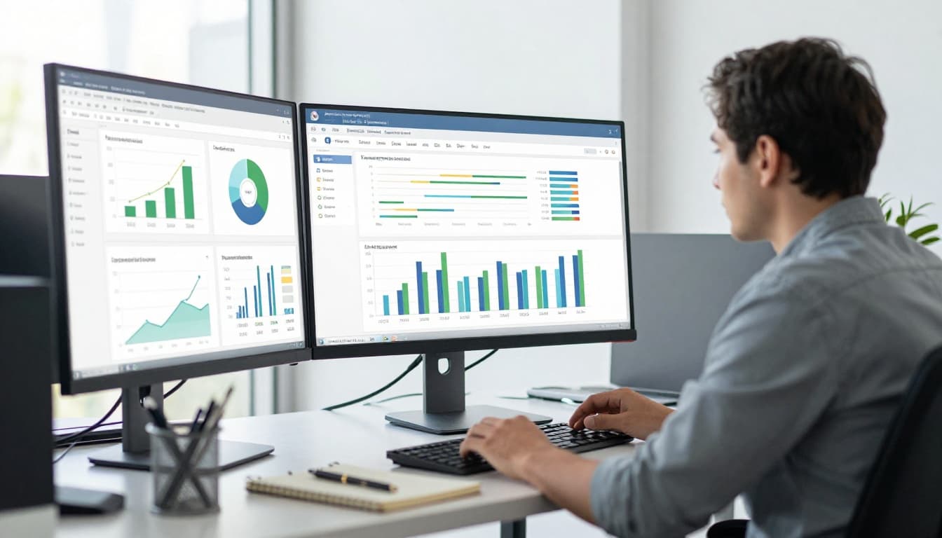 Photo-realistic office scene with an SEO specialist reviewing a webpage performance dashboard on dual monitors, showing graphs and charts with speed metric improvements, notepad with pen nearby, focused posture, daylight from window.