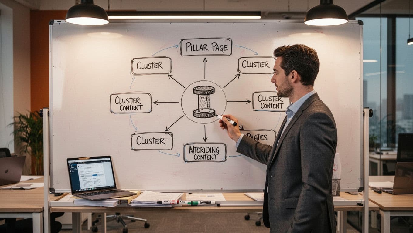 Photo-realistic image of an SEO specialist in a modern workspace standing before a whiteboard, sketching a topic cluster diagram with a central pillar page and arrows to cluster content pages, marker in hand, organized desk with laptop in background.