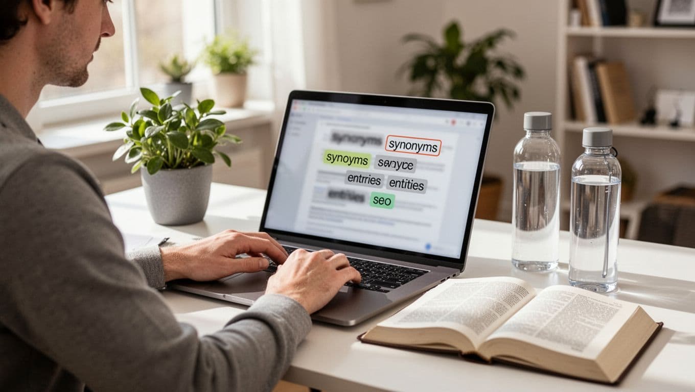 Photorealistic image of an SEO specialist typing on a laptop in a bright home office, with a blurred screen vaguely showing highlighted synonyms, an open reference book on entities, plant, and water bottle on the desk under natural daylight.