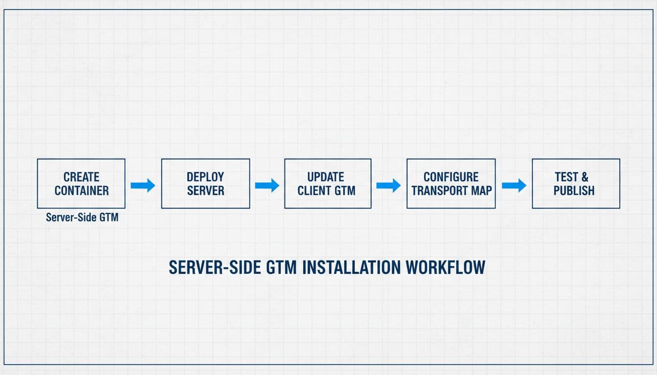 Clean blueprint-style flowchart showing the main path for server-side GTM container installation: create container, deploy server, update client GTM, transport map, with arrows connecting empty boxes in monochromatic tones with accents.