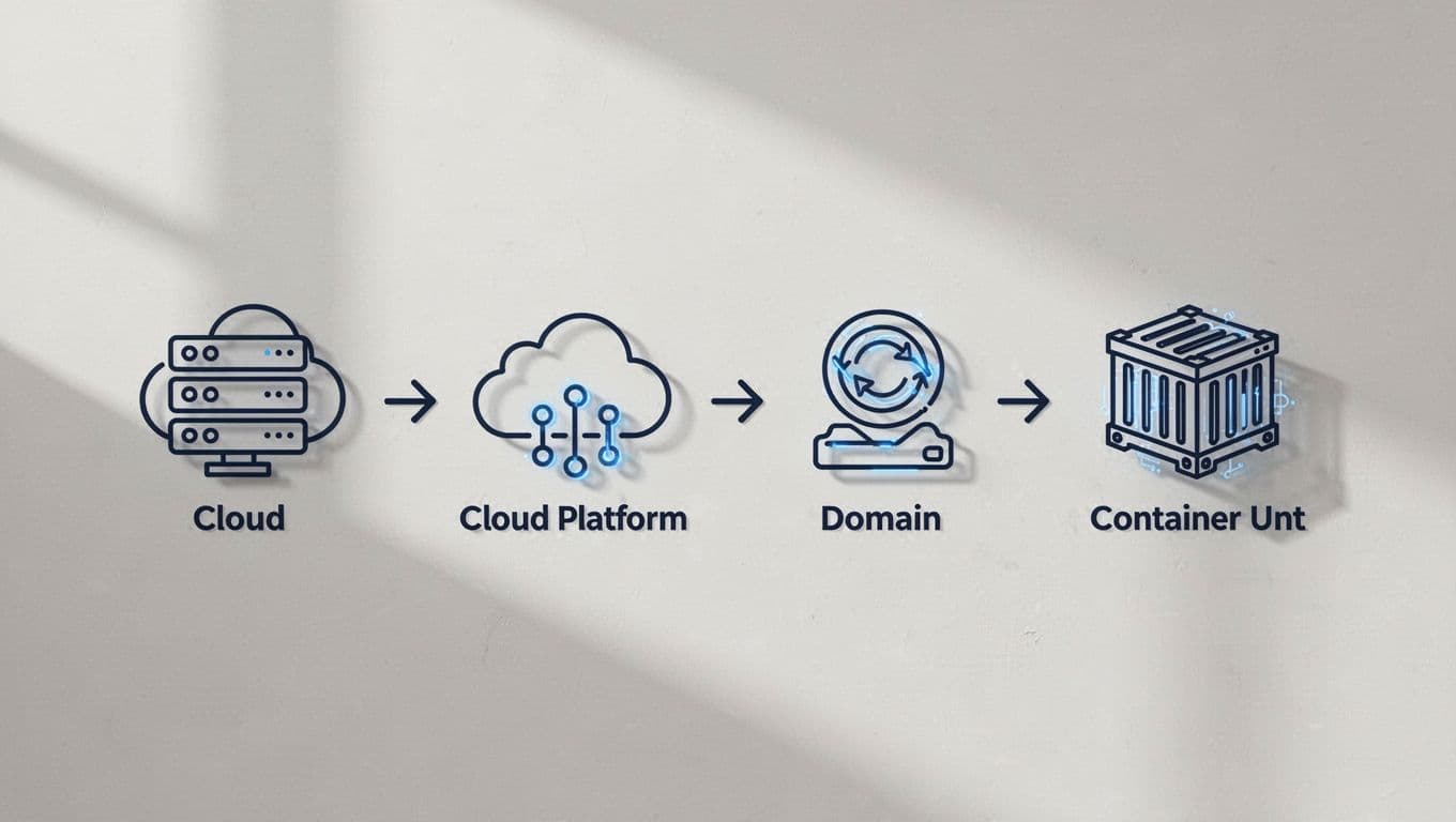 Icons diagram of prerequisites for server-side GTM including cloud server, domain setup, and GTM containers, arranged in a checklist flow with simple line art in professional tech style.