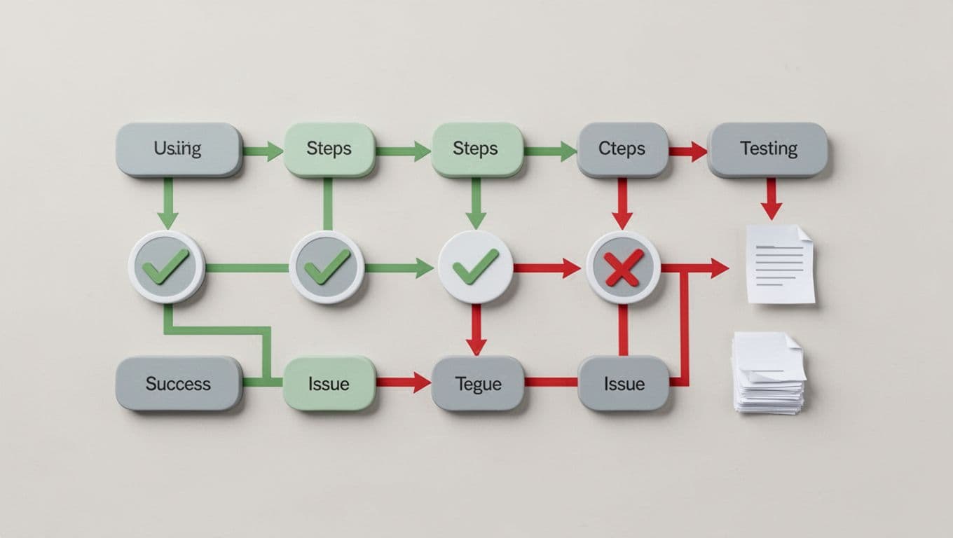 Infographic flowchart depicting the server-side Google Tag Manager (GTM) testing process, including preview mode, debug requests, and GA4 event validation with sequential steps, checkmarks, green/red paths, and tool icons.