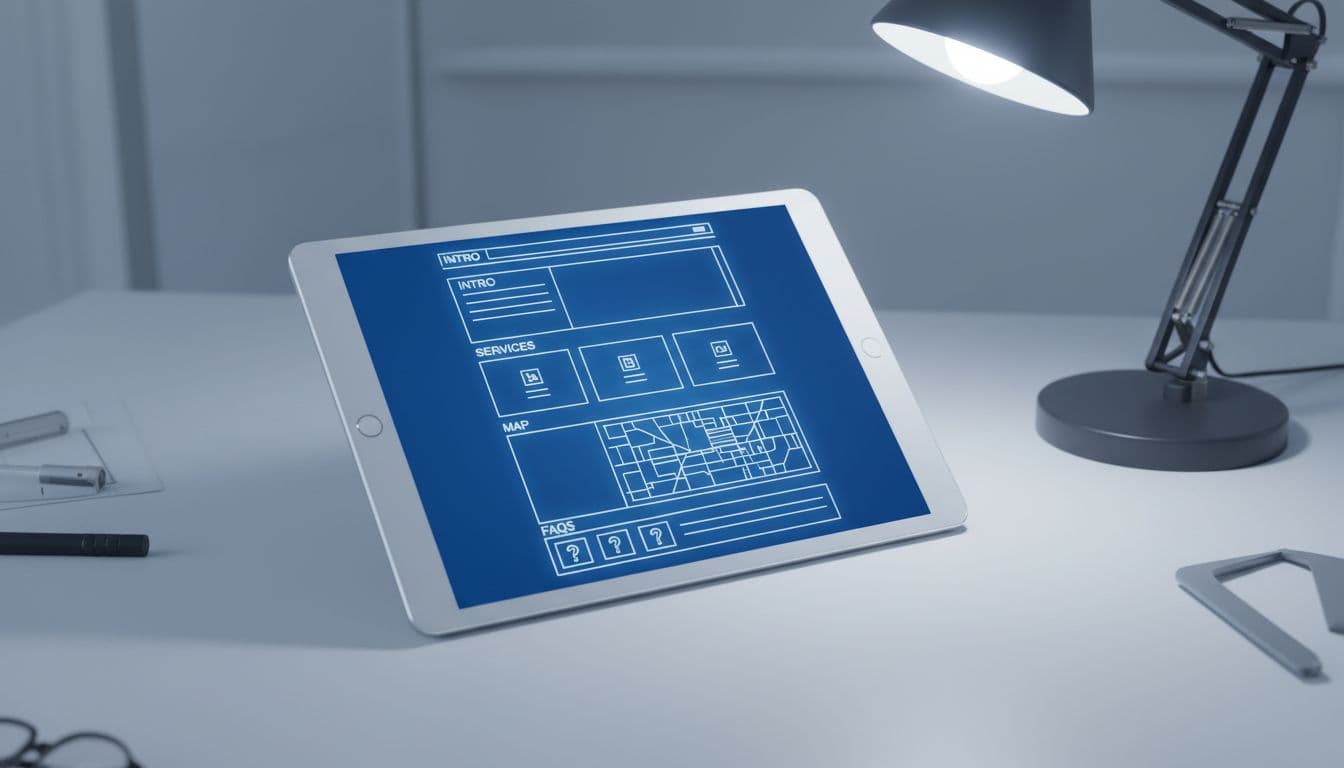 Clean blueprint wireframe of a service area webpage layout with sections for intro, services, map, and FAQs, displayed on a digital tablet screen at a slight angle in a minimalist office desk setting. Top-down composition in technical blueprint style with soft blue lighting, no text, logos, or people.
