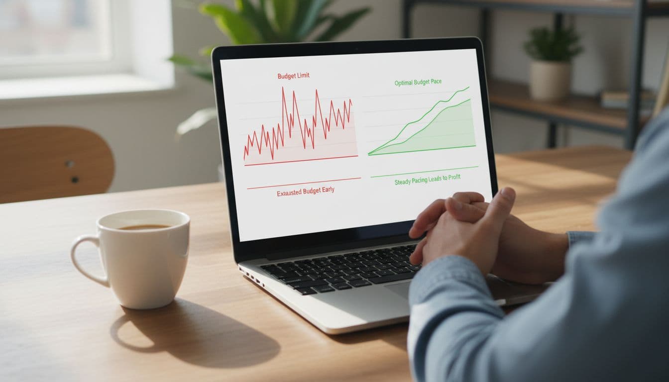 Split screen laptop comparison shows left side chaotic red overspend graph exhausting budget early and right side smooth green pacing line; service business office desk with coffee mug, realistic photo in natural daylight, one person's hands on desk.