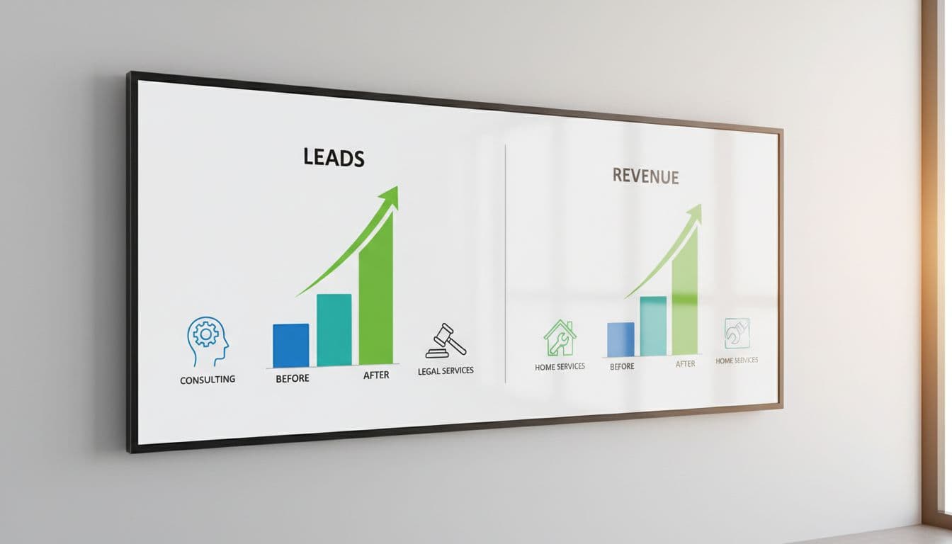 Before-and-after charts of leads and revenue growth for service businesses on a meeting room wall with consulting, legal, and home service icons.
