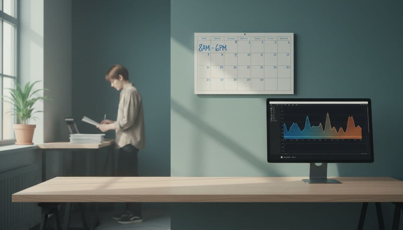 A clean desk in a small service business office with a wall calendar marked for 8am-6pm business hours, computer screen showing a vague schedule graph, soft daylight, and one person reviewing papers in the background.