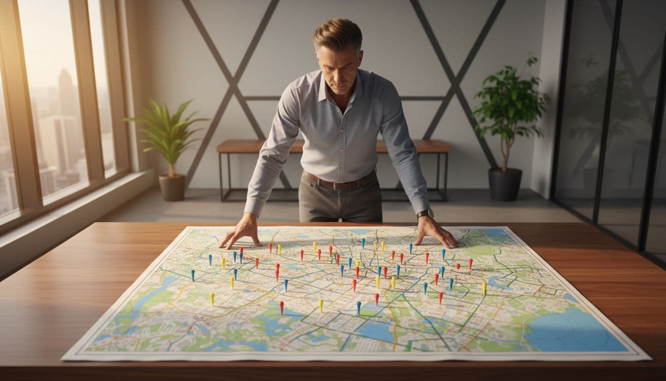 A multi-location service business owner stands over a large city map on a desk with pins marking service areas in a modern office, centered composition focusing on the map and relaxed hands, realistic style with warm natural lighting.