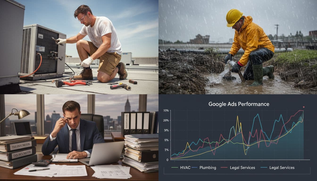 Four-quadrant collage shows HVAC tech fixing AC, plumber in rain, lawyer in office, overlaid with Google Ads performance graph.