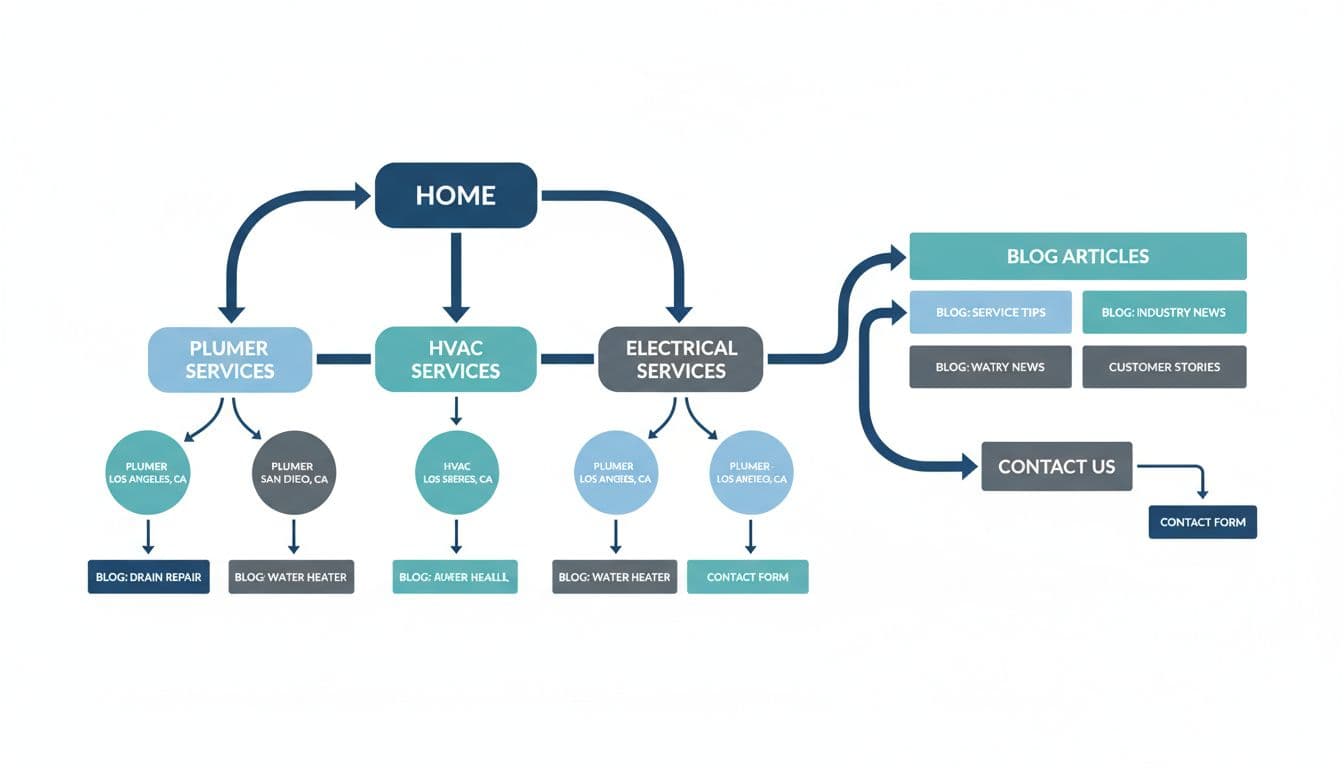 Clean modern illustration of a sitemap for a service business website with service pages like plumber and HVAC linked to city landing pages, blog articles, and contact forms. Arrows indicate flow from a central homepage in high-contrast professional blog-friendly style with simple composition, no text, no people.