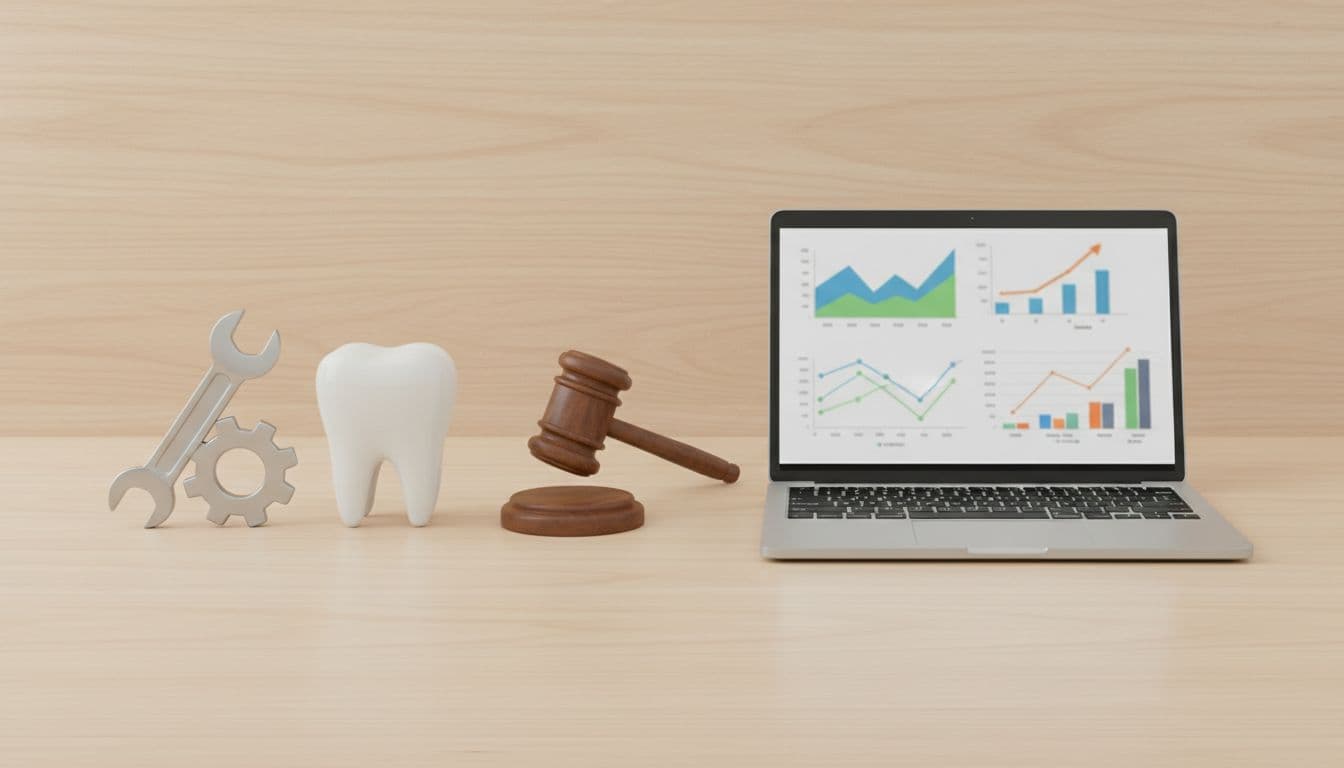 Top-down desk view of wrench, tooth, gavel icons beside laptop showing blurred A/B test graphs.