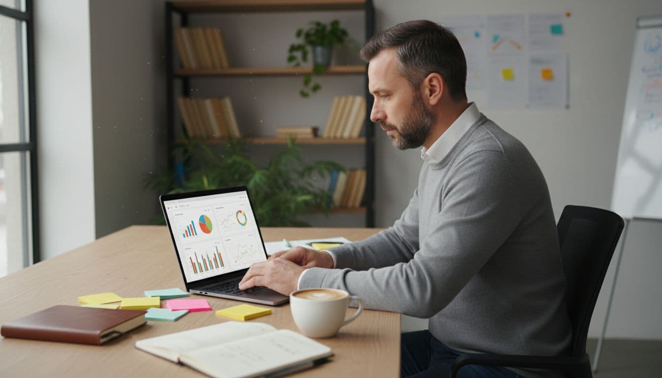 Professional service owner at modern office desk views customer data on angled laptop amid notes and coffee mug.