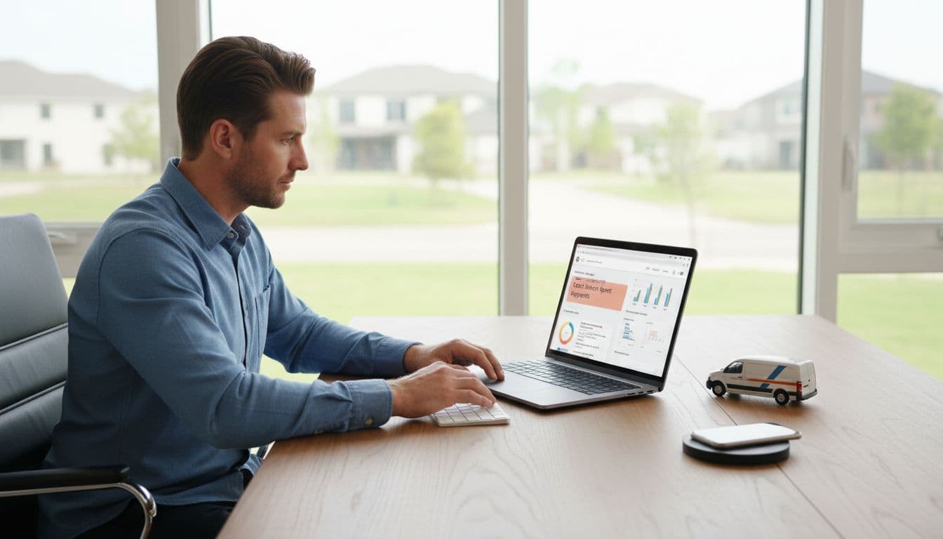 A service business owner sits at a desk in a modern home office, focused on selecting Google Ads assets in the dashboard interface on their laptop screen, targeting local intent keywords like 'plumbing repair near me'. The photorealistic scene features soft window lighting, a service van model, phone nearby, and hands relaxed on the keyboard.