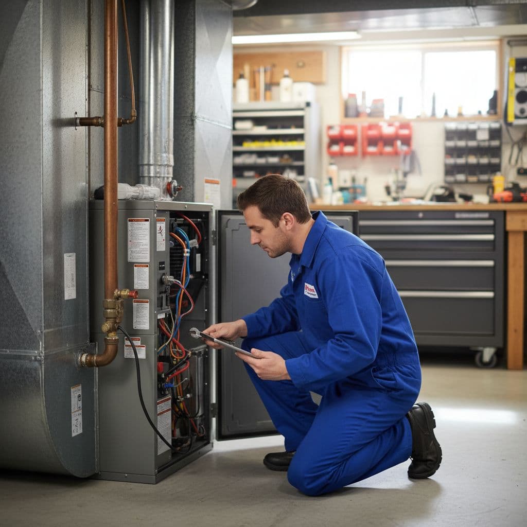Uniformed technician works on indoor home equipment.