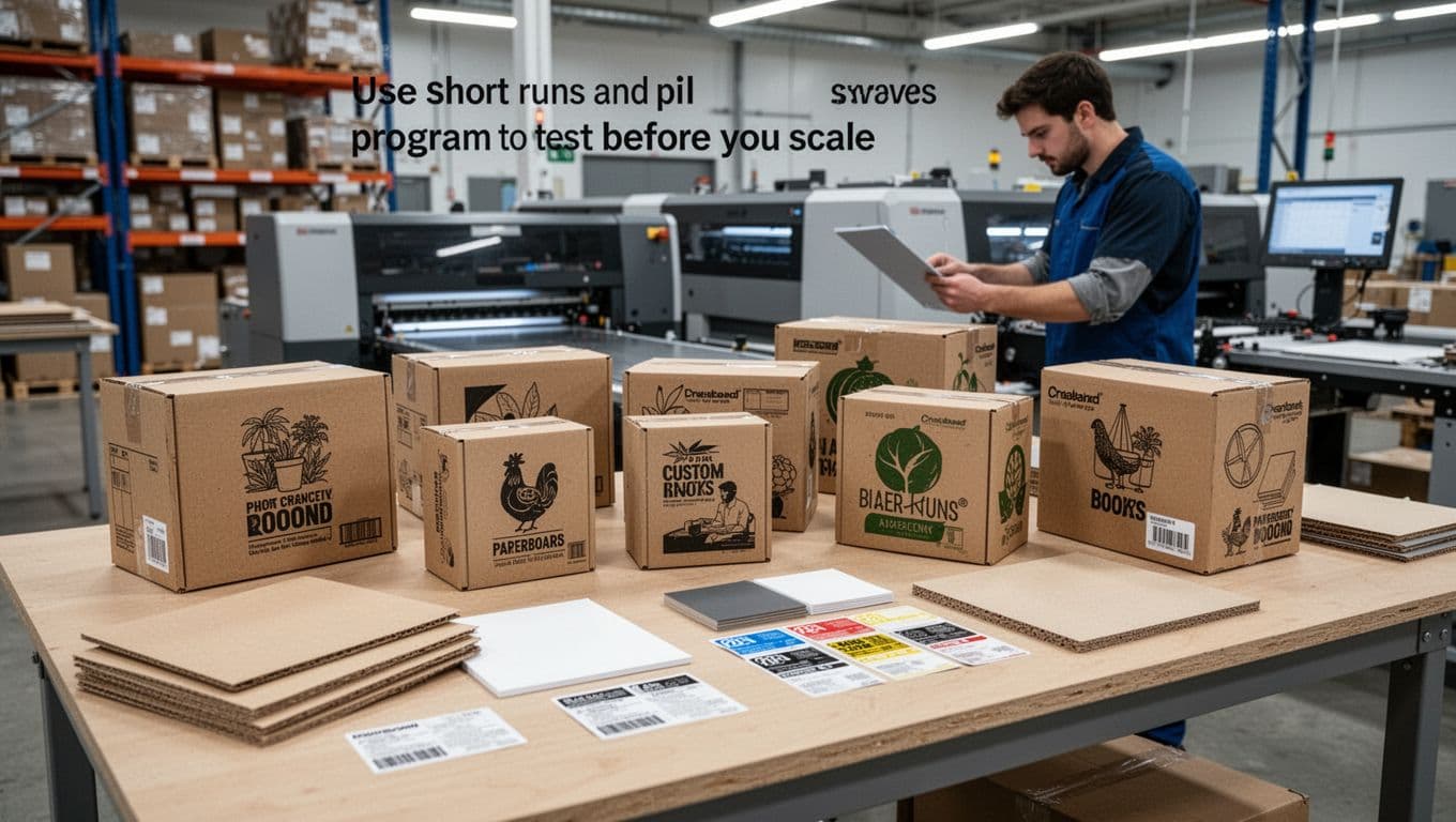 Small production run of custom cardboard boxes in various test designs printed with digital press, arranged on a warehouse table next to material samples like paperboard and labels, with one worker in the background checking quality in a clean modern facility.