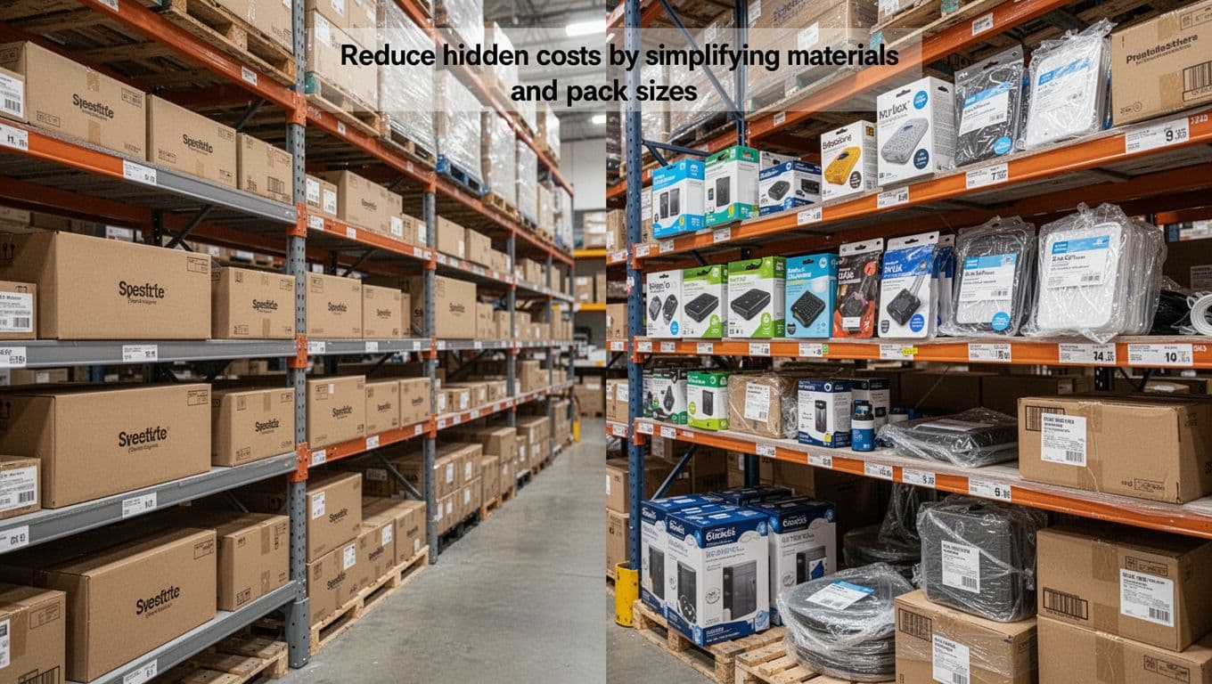 Side-by-side warehouse shelf comparison of clean, uniform standardized branded boxes on the left versus varied multi-component oversized packs on the right, realistic photography with even lighting, landscape orientation, no text or people.