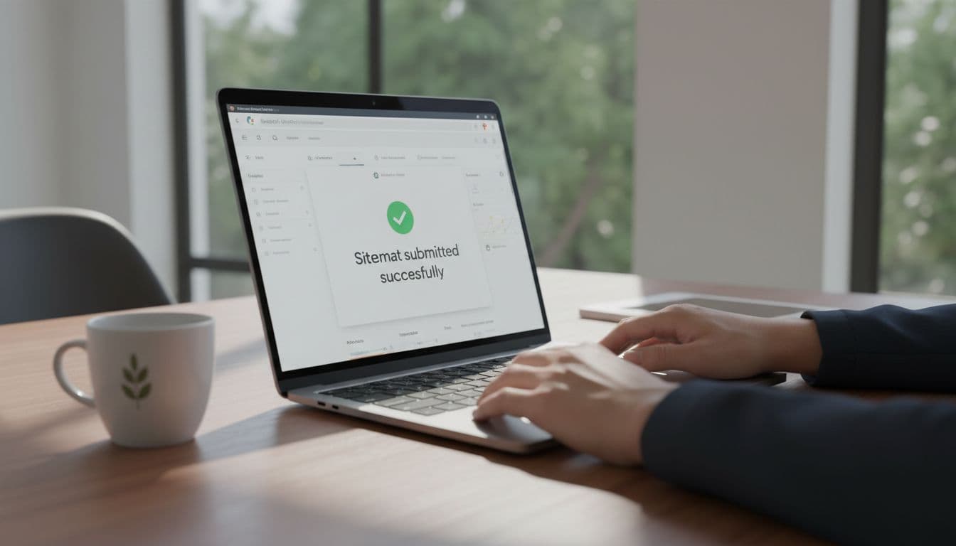 Clean dashboard view of sitemap upload success in Google Search Console on a laptop in a bright contemporary office, with focused composition, modern digital-marketing style, soft shadows, coffee cup beside, and one person's relaxed hands visible.