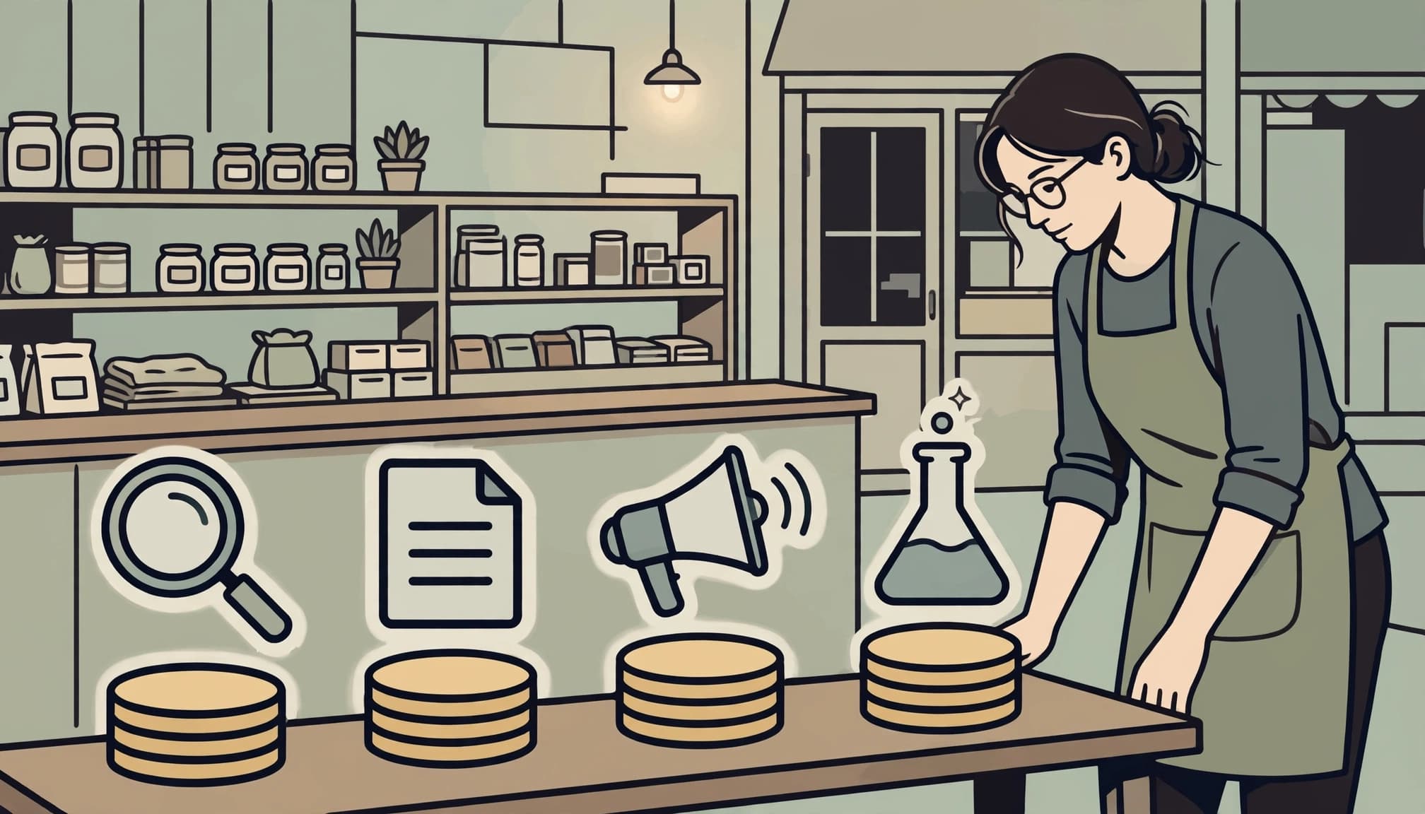 An illustration of a small business owner reviewing coin stacks and marketing symbols in a shop.