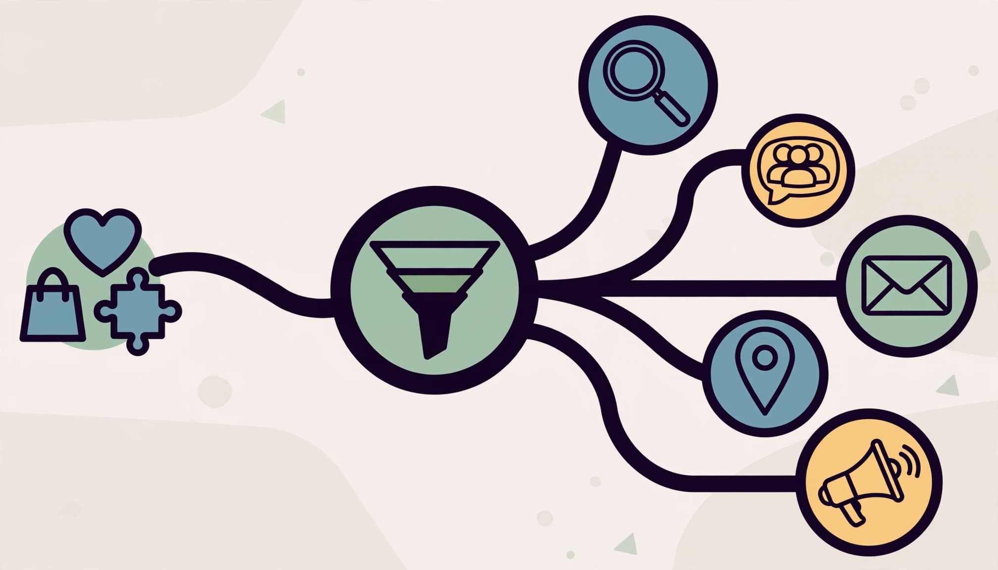 An editorial illustration showing a branching marketing funnel with various channel icons.
