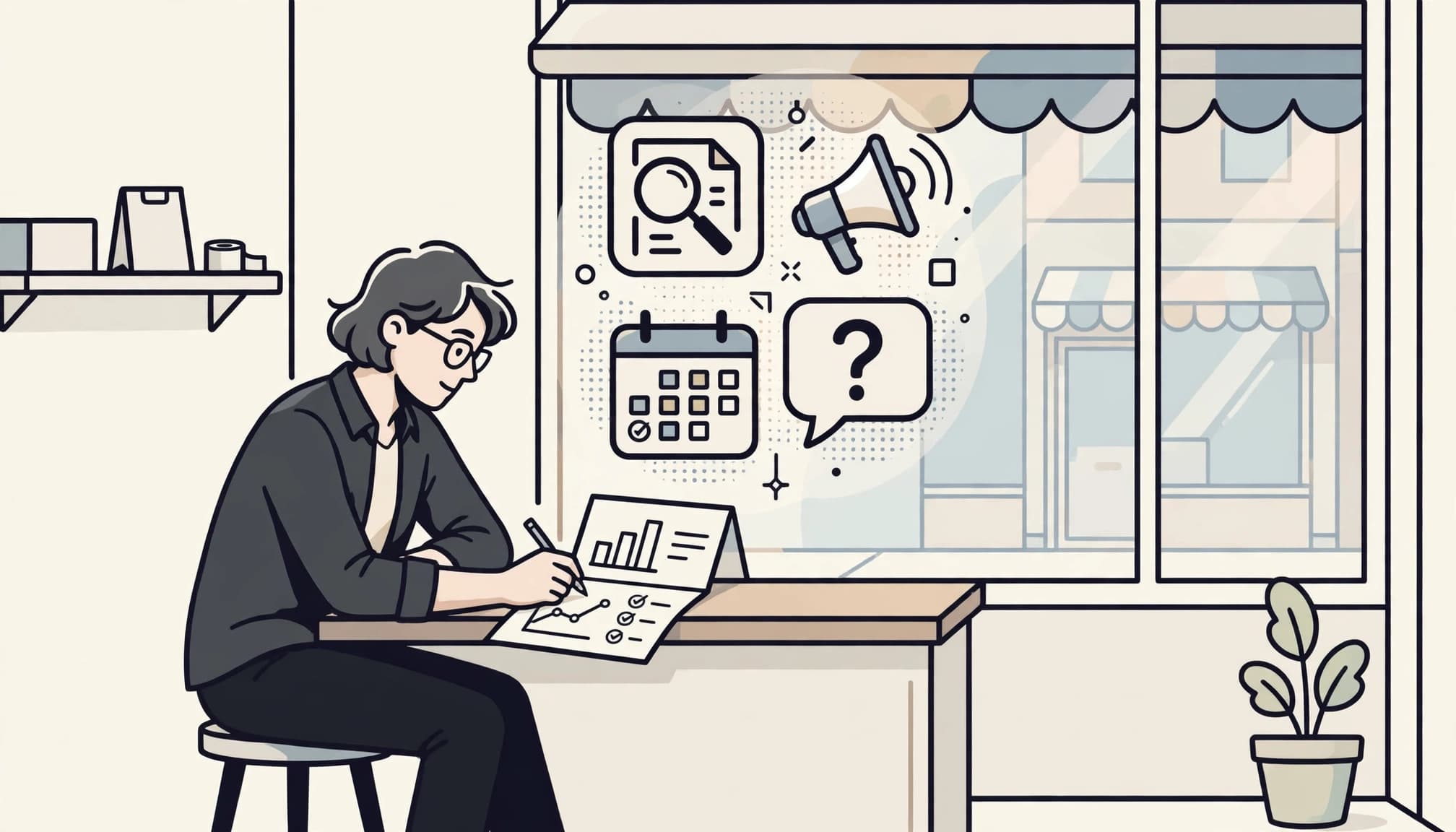An editorial illustration of a person reviewing marketing plans and icons inside a storefront.