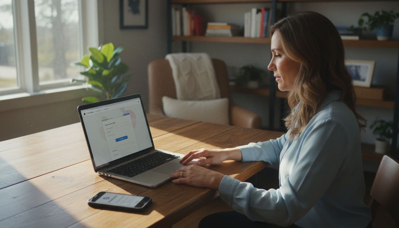 A small business owner sits at a wooden desk in a cozy office with natural daylight, laptop open to the Apple Business Connect signup page at an angle, and smartphone nearby showing a blurred verification notification.