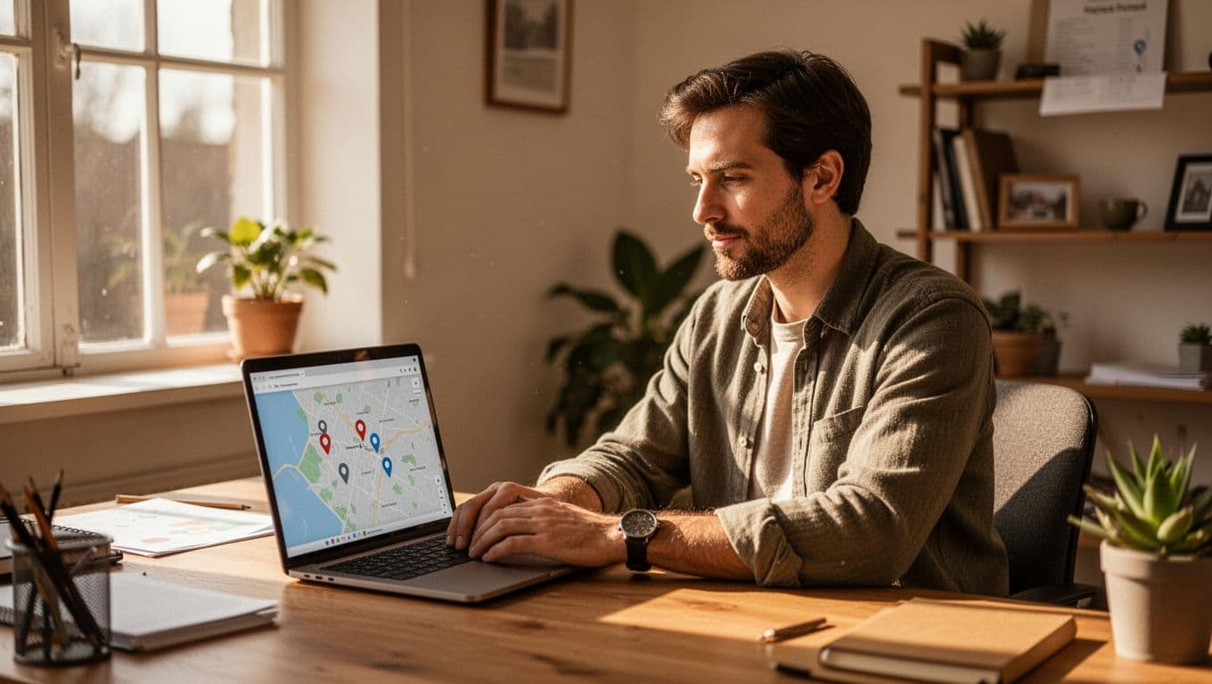 A focused small business owner checks their Bing Places listing on a laptop in a cozy office, with a map visible on the screen under natural daylight.