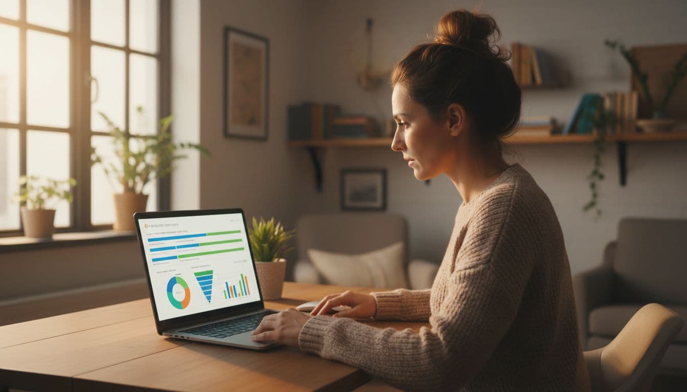 A small business owner at a desk in a cozy home office looks at a laptop screen showing an analytics dashboard with multiple website domains and lead funnel charts. Natural daylight from a window illuminates the realistic scene with one person only.