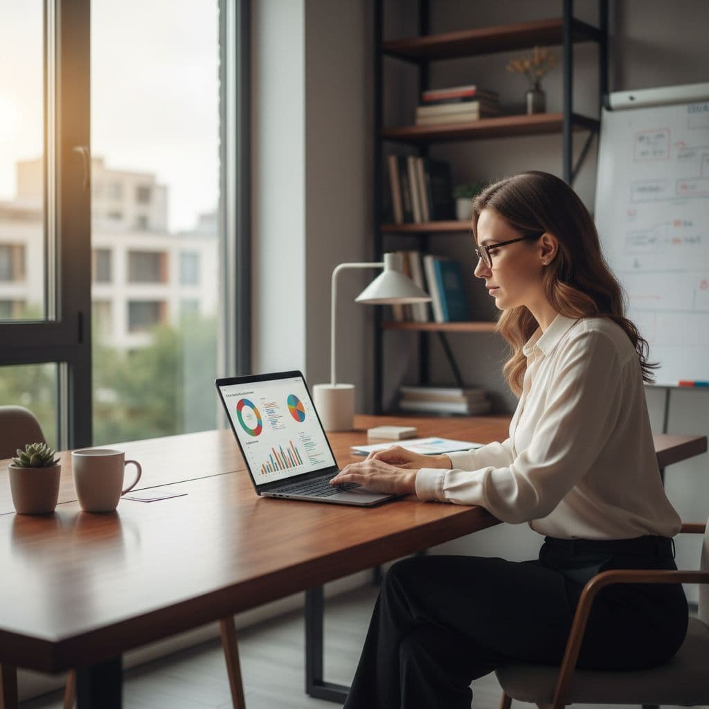 Person sits at desk with open laptop in professional office.