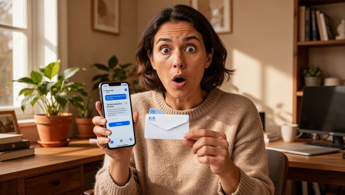 A small business owner in a cozy home office with natural light reacts with surprise to a smartphone email about Google Business Profile suspension. One hand holds the phone screen with no visible text, high detail, exactly one person, no extra devices.