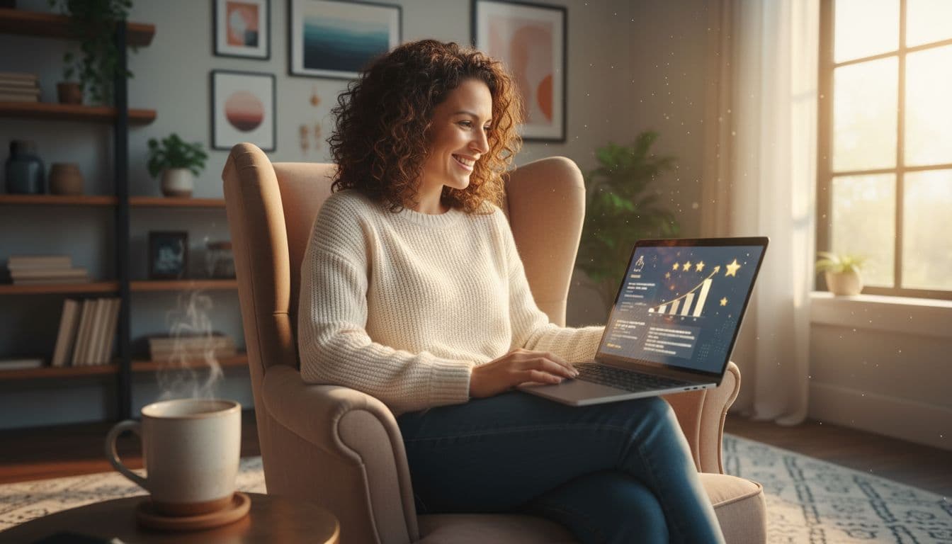 Small business owner smiling at laptop in cozy office, viewing positive Google reviews on screen at angle, coffee mug nearby, warm natural light, realistic photo.