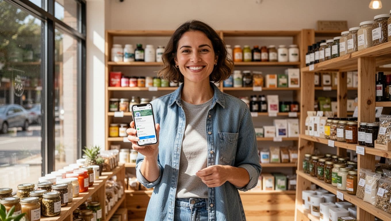 A smiling small business owner stands relaxed in a bright retail storefront, holding a smartphone to update the Google Business Profile app amid shelves of products under daylight from windows. This realistic photo depicts exactly one person maintaining their profile to prevent future suspensions.