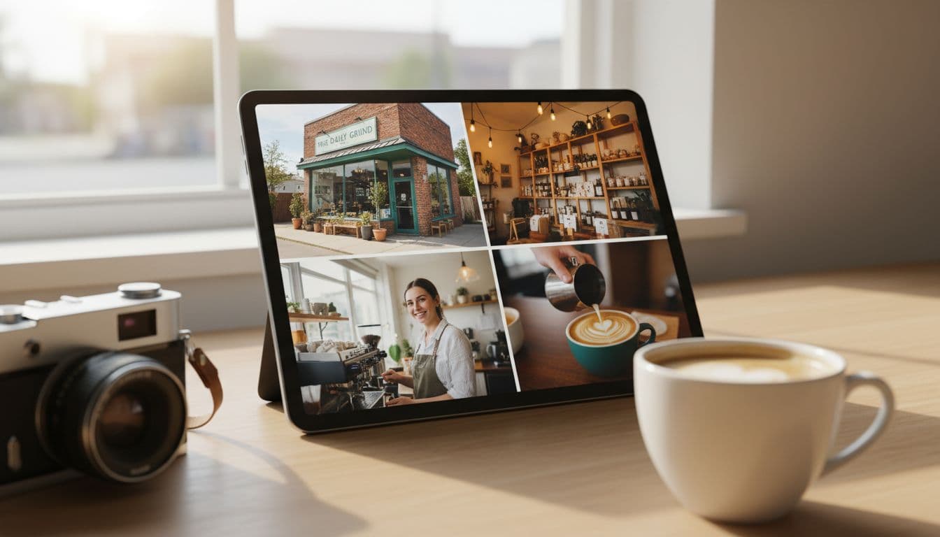 Side-angle view of a tablet screen showing a grid of high-quality smartphone photos of small business storefront exteriors on sunny days, cozy interiors with products on shelves, and work scenes, on a desk with coffee mug and camera in natural light.